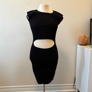 House of Harlow 1960 black mini dress with cutout at stomach.